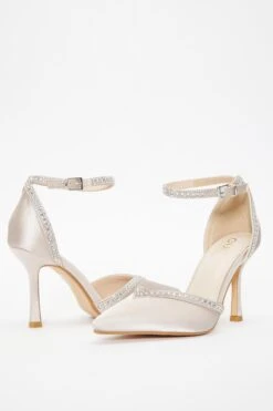 Champagne Satin Diamante Trim Court Heels -Chic Summer Shop 00100036730 XS