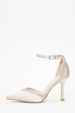 Champagne Satin Diamante Trim Court Heels