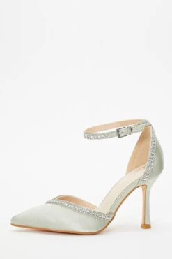 Sage Satin Diamante Trim Court Heels
