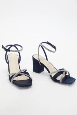 Navy Satin Diamante Block Heeled Sandals -Chic Summer Shop 00100036734 XS