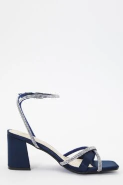 Navy Satin Diamante Block Heeled Sandals -Chic Summer Shop 00100036734 ZS