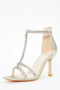 Sage Satin Diamante Stone T-Bar Heeled Sandals -Chic Summer Shop 00100036742 XB