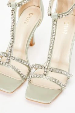 Sage Satin Diamante Stone T-Bar Heeled Sandals -Chic Summer Shop 00100036742 ZB
