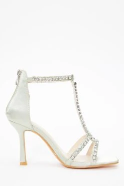 Sage Satin Diamante Stone T-Bar Heeled Sandals -Chic Summer Shop 00100036742 ZS