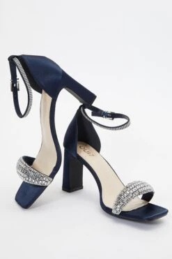 Navy Satin Diamante Heeled Sandals -Chic Summer Shop 00100036749 XS