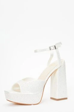 Bridal White Satin Pearl Platform Heeled Sandals -Chic Summer Shop 00100036753 XB