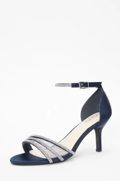 Navy Satin Diamante Mesh Low Heels -Chic Summer Shop 00100036755 XB