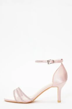 Pink Satin Diamante Mesh Low Heels