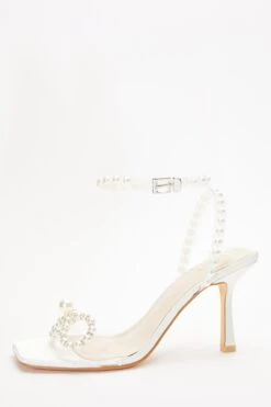 Bridal White Pearl Bow Clear Heeled Sandals