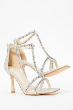 Silver Shimmer Diamante Stone T-Bar Heeled Sandals 11 Silver Shimmer Diamante Stone T-Bar Heeled Sandals -Chic Summer Shop 00100036772 XS