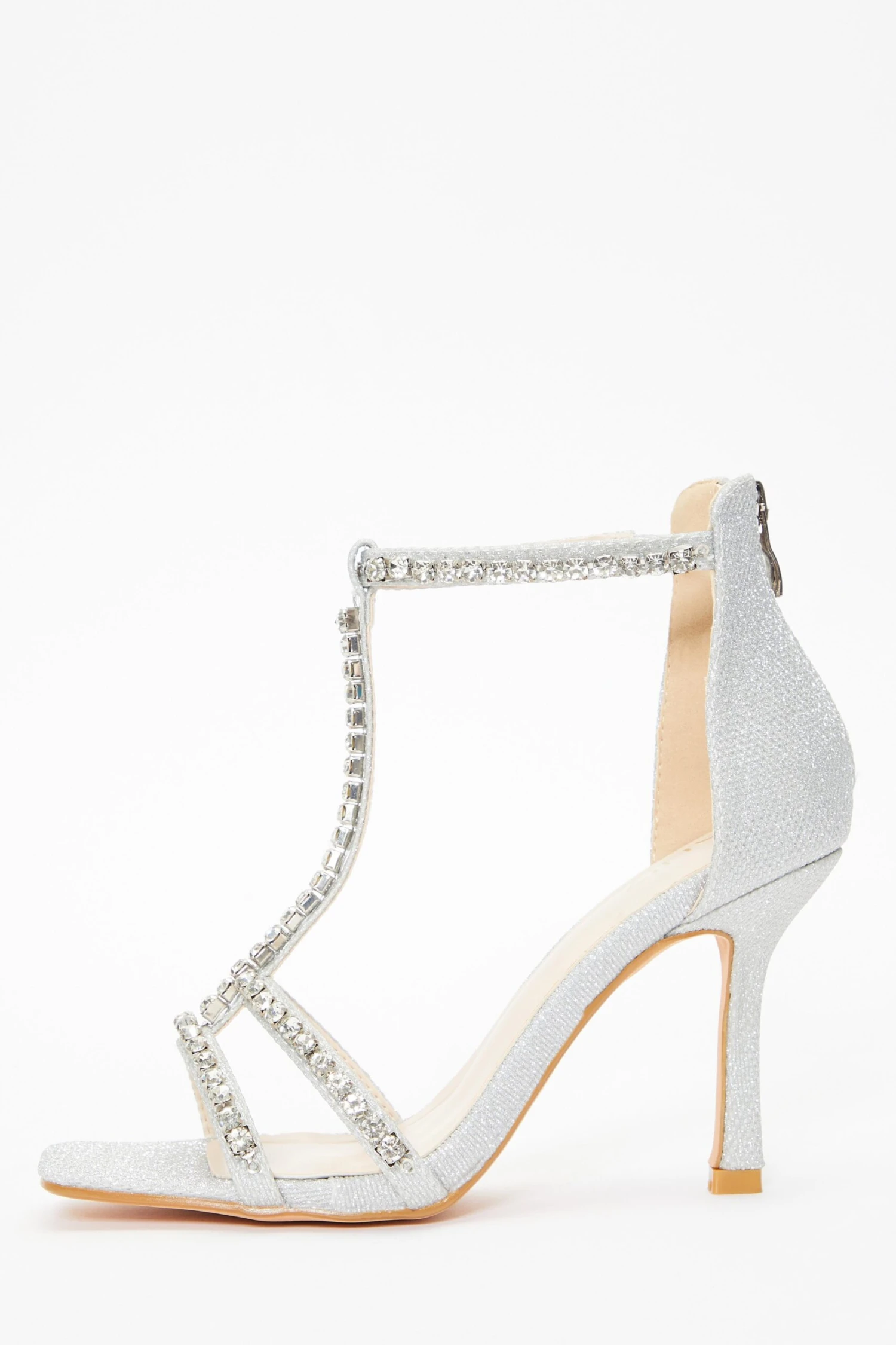 Silver Shimmer Diamante Stone T-Bar Heeled Sandals 3 Silver Shimmer Diamante Stone T-Bar Heeled Sandals