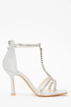 Silver Shimmer Diamante Stone T-Bar Heeled Sandals 13 Silver Shimmer Diamante Stone T-Bar Heeled Sandals -Chic Summer Shop 00100036772 ZS