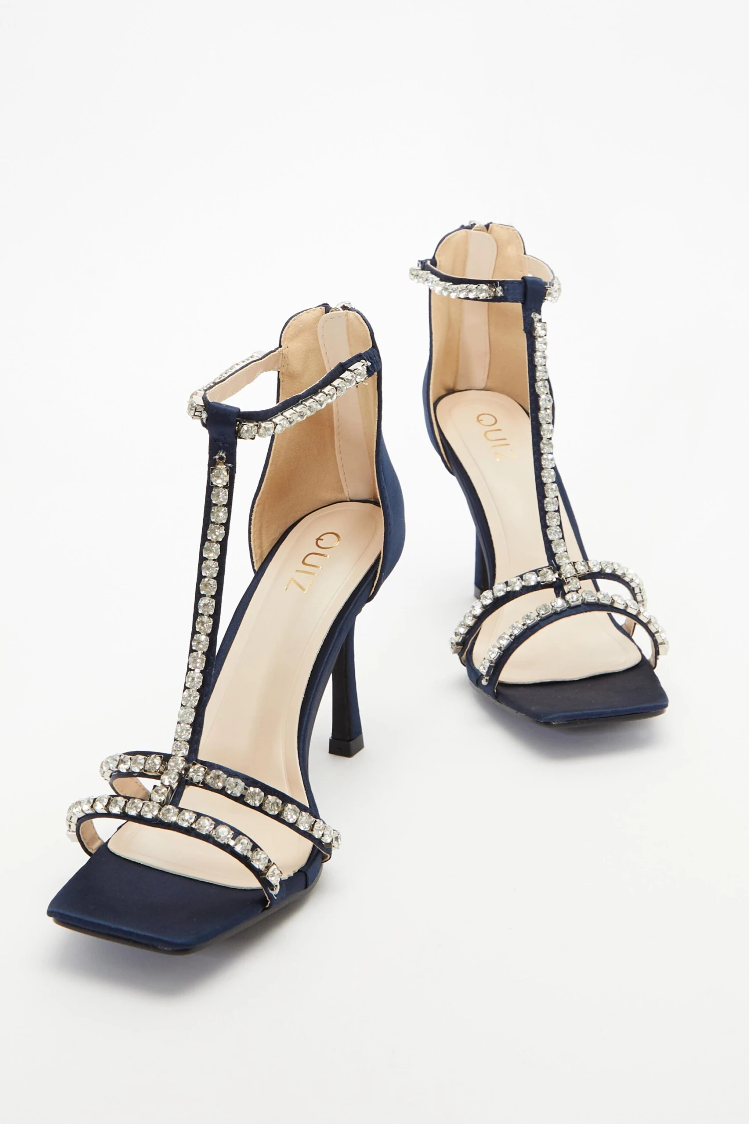Navy Satin Diamante Stone T-Bar Heeled Sandals 6 Navy Satin Diamante Stone T-Bar Heeled Sandals - Image 4