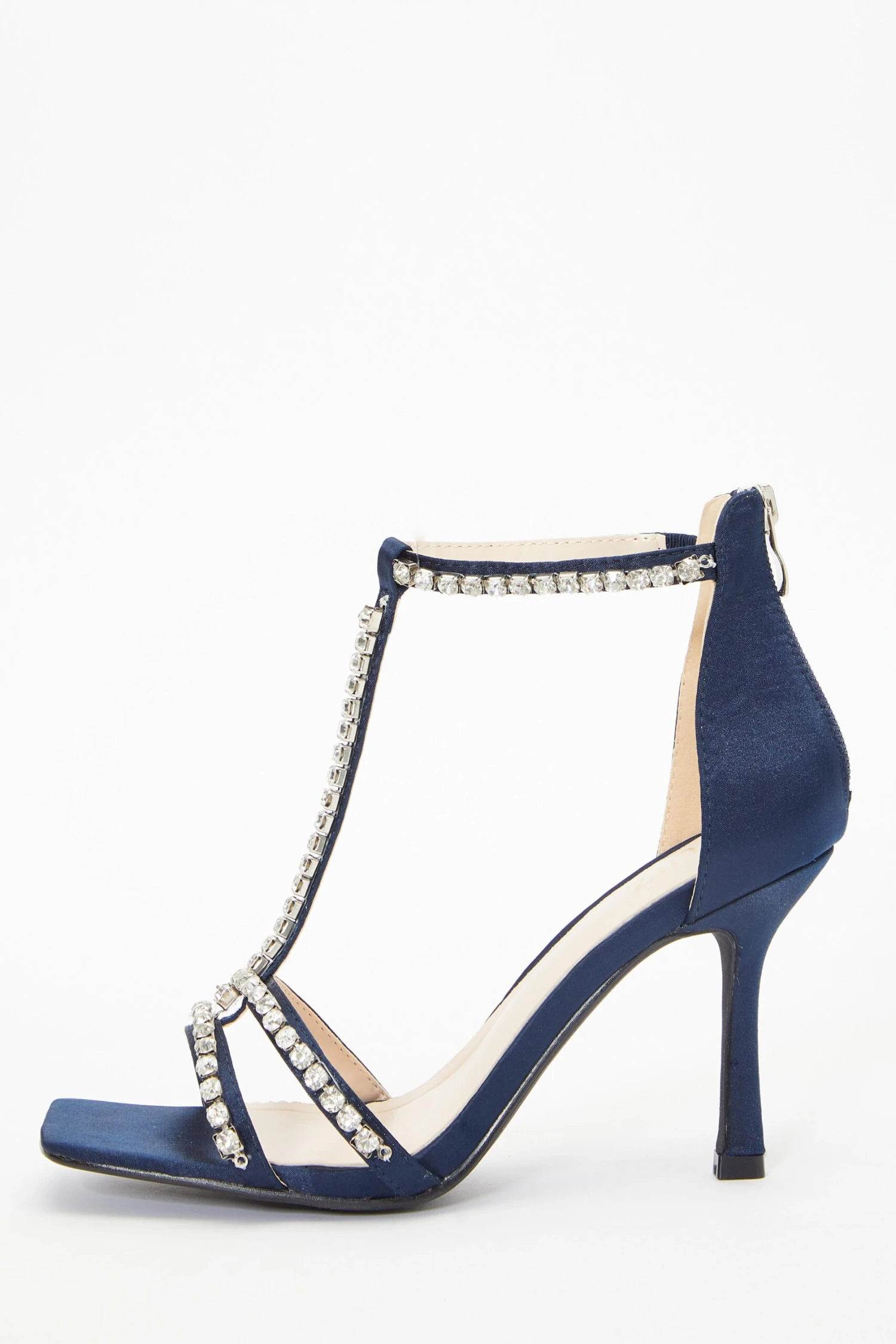 Navy Satin Diamante Stone T-Bar Heeled Sandals 3 Navy Satin Diamante Stone T-Bar Heeled Sandals