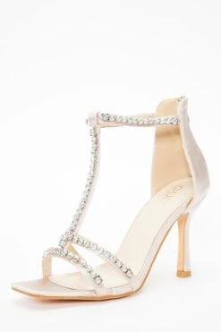 Champagne Satin Diamante Stone T-Bar Heeled Sandals -Chic Summer Shop 00100036774 XB