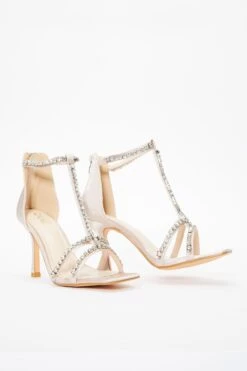 Champagne Satin Diamante Stone T-Bar Heeled Sandals -Chic Summer Shop 00100036774 XS