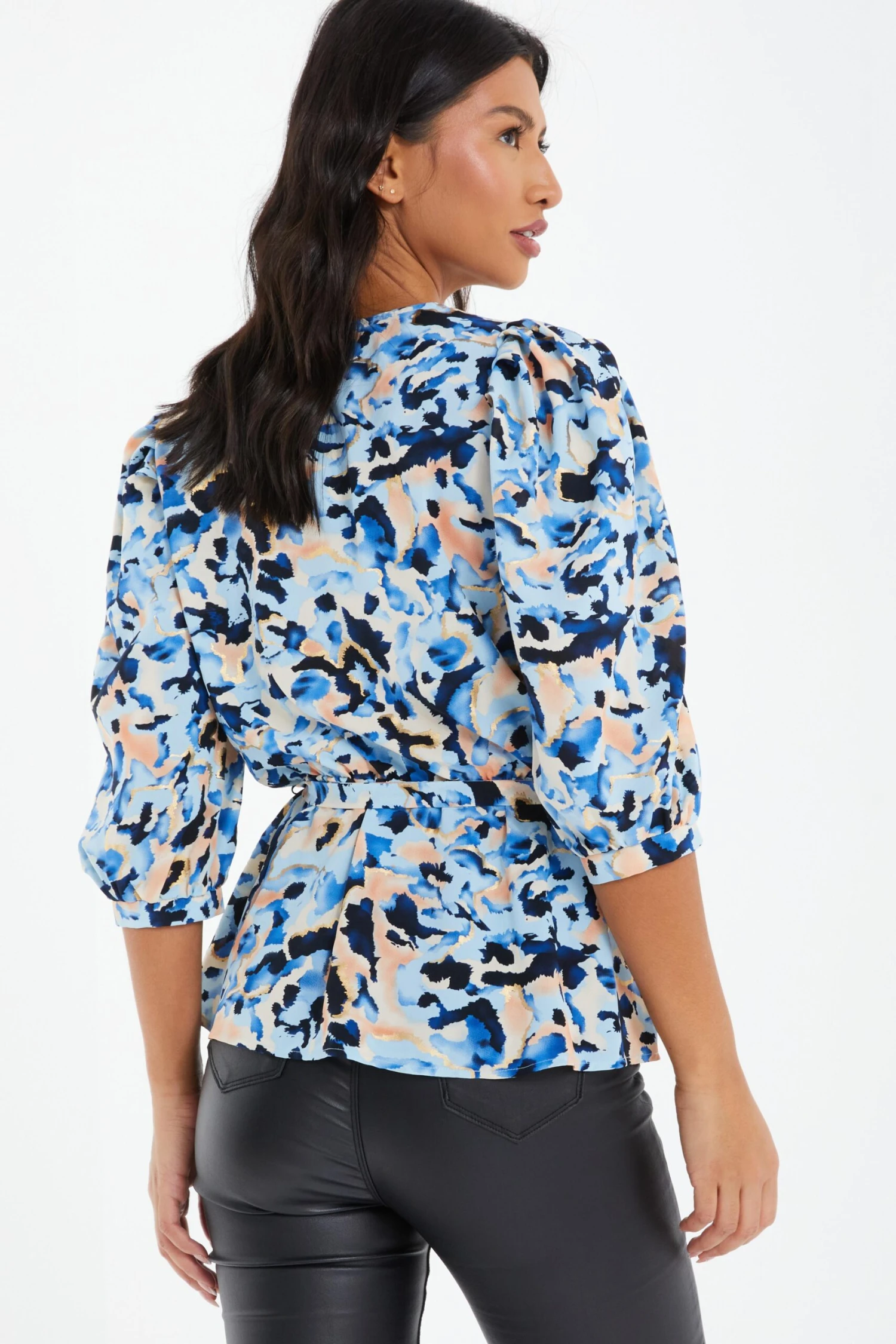 Blue Smudge Print Peplum Top 5 Blue Smudge Print Peplum Top - Image 3