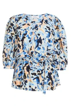 Blue Smudge Print Peplum Top