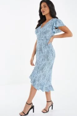 Blue Animal Print Frill Sleeve Midi Dress -Chic Summer Shop 00100036864 XS