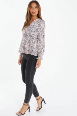 Pink Satin Animal Print Peplum Top -Chic Summer Shop 00100036870 XS