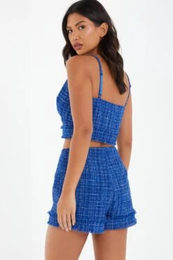 Royal Blue Checked Boucle Crop Top -Chic Summer Shop 00100036877 XB