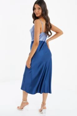 Blue Two Tone Satin Slip Midi Dress -Chic Summer Shop 00100036920 XB