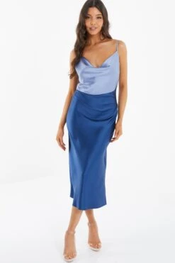 Blue Two Tone Satin Slip Midi Dress -Chic Summer Shop 00100036920 XM