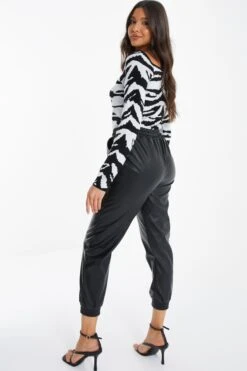 Black Faux Leather Tie Waist Joggers -Chic Summer Shop 00100036953 XB