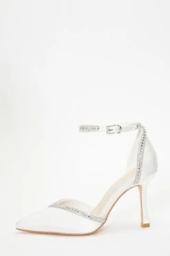 Bridal White Satin Diamante Trim Court Heels
