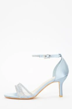 Light Blue Satin Diamante Mesh Low Heels