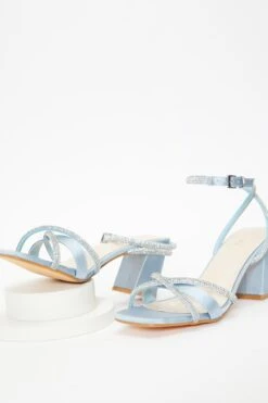 Blue Satin Diamante Block Heeled Sandals -Chic Summer Shop 00100036976 XS