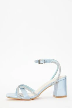 Blue Satin Diamante Block Heeled Sandals