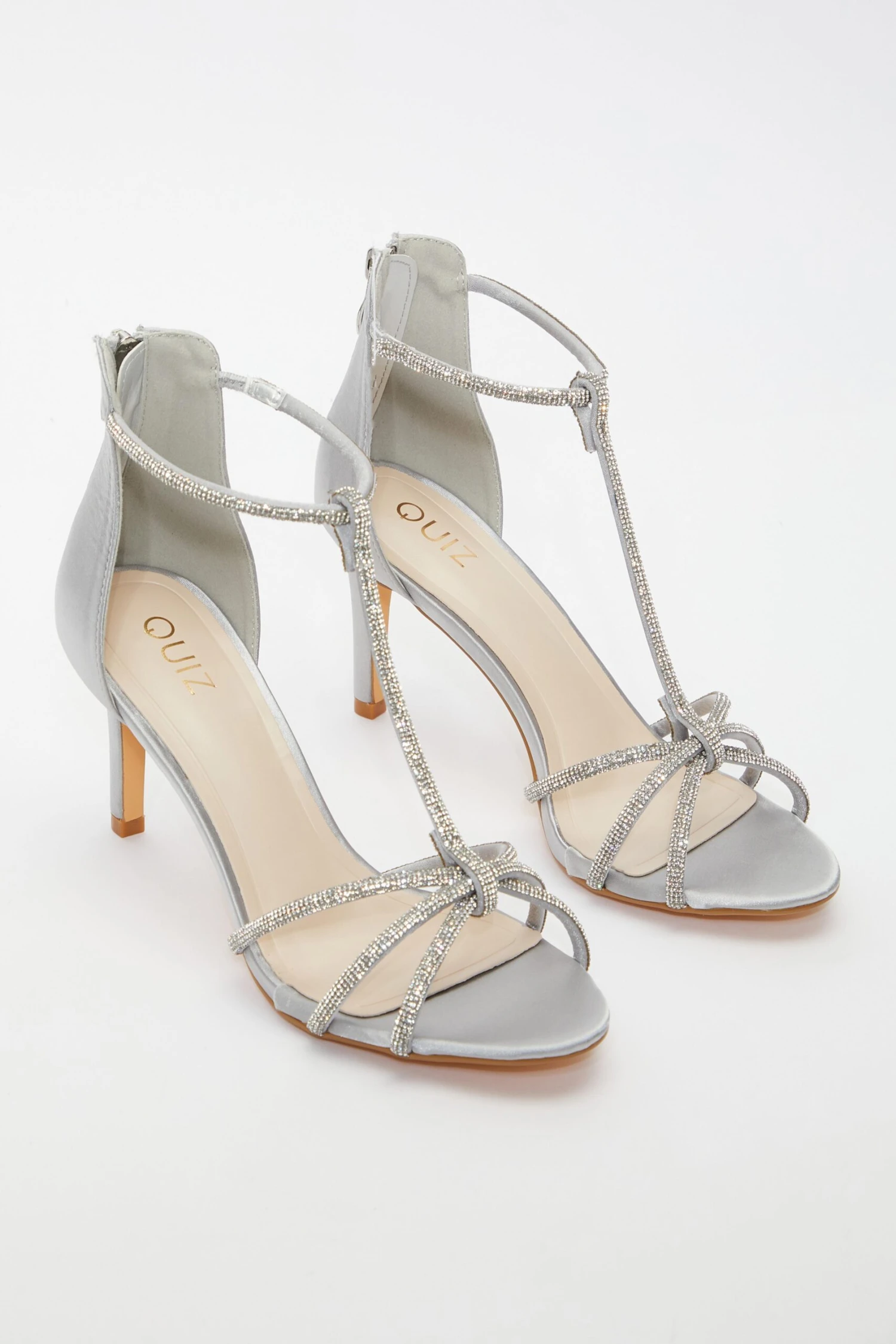 Grey Satin Diamante T-Bar Heeled Sandals 6 Grey Satin Diamante T-Bar Heeled Sandals - Image 4