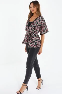 Black Floral Print Crochet Peplum Top -Chic Summer Shop 00100036992 XS