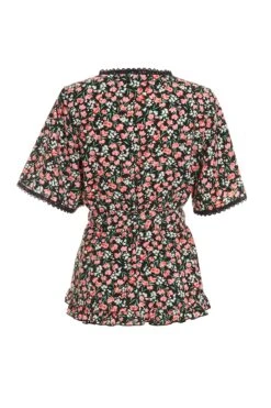 Black Floral Print Crochet Peplum Top -Chic Summer Shop 00100036992 ZB