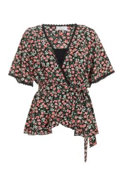 Black Floral Print Crochet Peplum Top