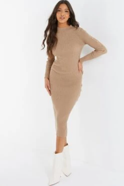 Stone Knitted Button Turtle Neck Midi Dress -Chic Summer Shop 00100036997 XS