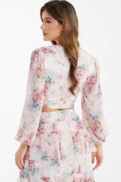 Light Pink Chiffon Floral Crop Top -Chic Summer Shop 00100037024 XB