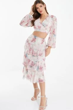 Light Pink Chiffon Floral Crop Top -Chic Summer Shop 00100037024 XS