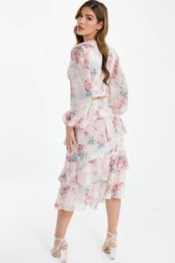 Light Pink Chiffon Floral Tiered Midi Skirt -Chic Summer Shop 00100037025 XB