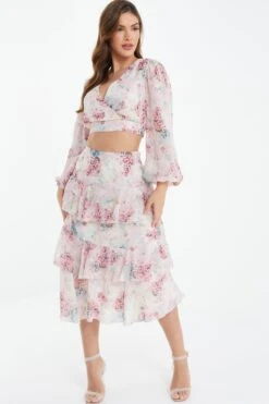 Light Pink Chiffon Floral Tiered Midi Skirt -Chic Summer Shop 00100037025 XM