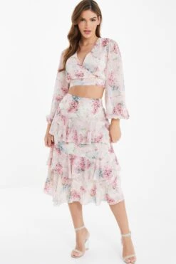 Light Pink Chiffon Floral Tiered Midi Skirt -Chic Summer Shop 00100037025 XS