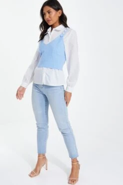 Blue Two In One Knitted Vest Shirt -Chic Summer Shop 00100037048 XS