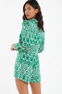 Green Satin Aztec Wrap Playsuit -Chic Summer Shop 00100037098 XB