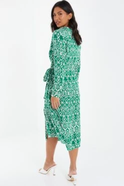 Green Satin Aztec Wrap Midi Dress -Chic Summer Shop 00100037099 XB
