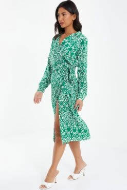 Green Satin Aztec Wrap Midi Dress -Chic Summer Shop 00100037099 XS