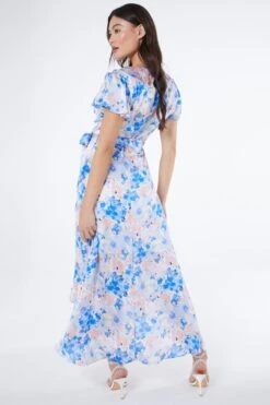 Blue Satin Floral Wrap Midaxi Dress -Chic Summer Shop 00100037132 XB