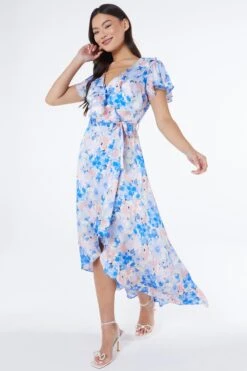 Blue Satin Floral Wrap Midaxi Dress -Chic Summer Shop 00100037132 XS