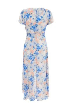 Blue Satin Floral Wrap Midaxi Dress -Chic Summer Shop 00100037132 ZB