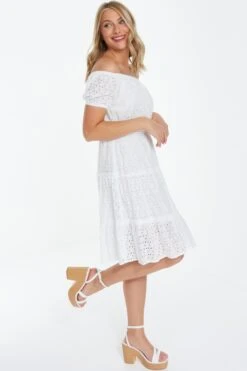 White Broderie Bardot Mini Dress -Chic Summer Shop 00100037176 XS
